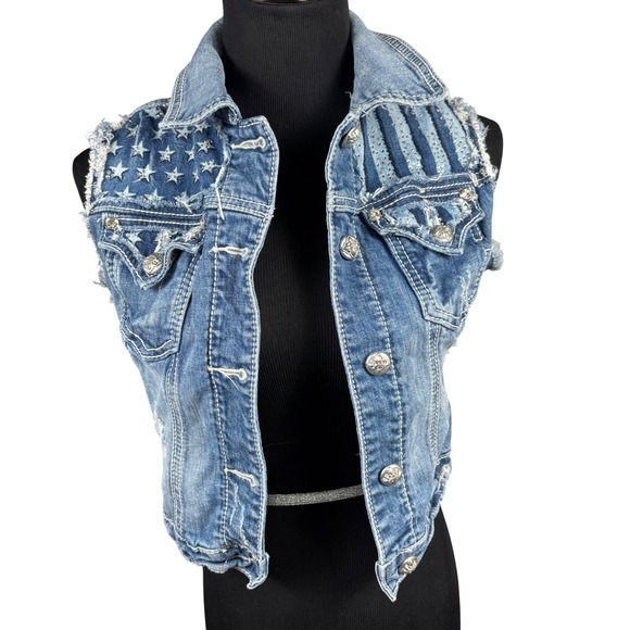 Miss Me Y2K Rhinestone American Flag Distressed Denim Vest Med Festival Cowgirl - Picture 2 of 14